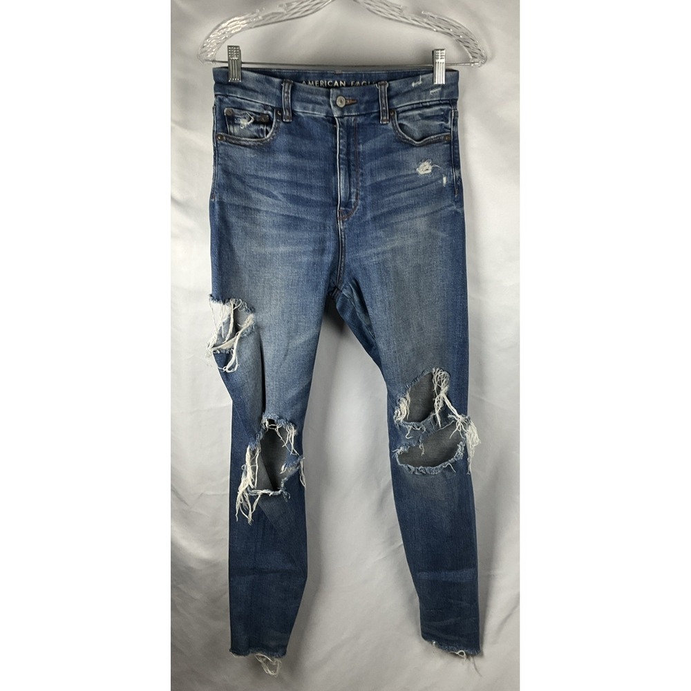 American Eagle Jeans Womens 4 Skinny Stretch Destroyed Raw Hem  Jeans High Rise